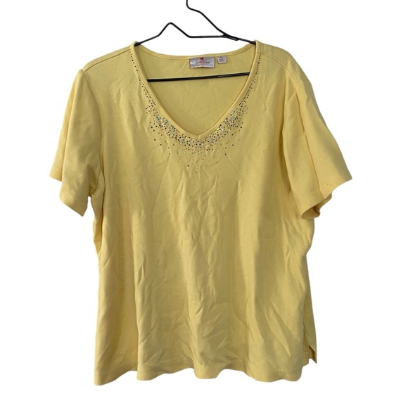 Quacker Factory Yellow Rhinestone Cotton T Shirt Women’s Size XL Short Sleeves - Picture 1 of 8